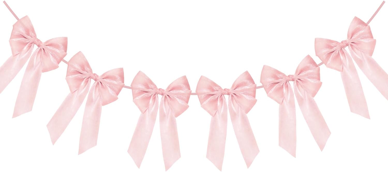 Skiennix 6.5ft Pink Bows Garland Banner - 6 Pcs Pre-Strung Bow Party Decorations for Birthdays & Showers