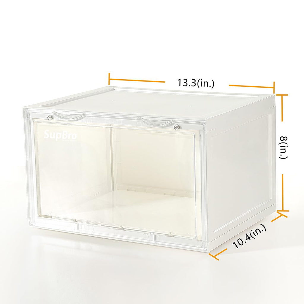 SupBro Collection Crate - Easy Access Storage Shoes Box -Plastic Foldable Stackable Sneaker Display Storage with Clear Side Open Door Organizer-2 Pack(White)