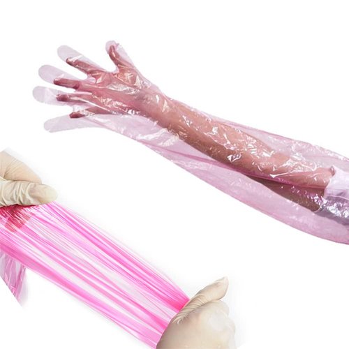 Barafat 50 Pieces Disposable Field Dressing Gloves, Veterinary Insemination Rectal Long Gloves, Extra Long Sleeve Full Arm Glove, Cow Deer Palpation Gutting (Red)