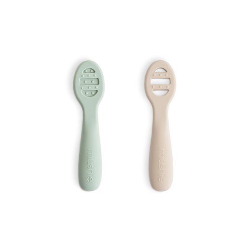 mushie Silicone First Feeding Baby Spoons | 2 Pack (Cambridge Blue/Shifting Sand)