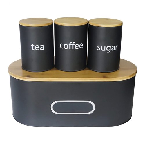 SOTECH Extra Large Bread Box Metal Bread Bin with Bamboo Lid&Window Modern Food Storage Container for Kitchen Counter Kitchen Decor Organizer Farmhouse Black (Black box with 3jars)