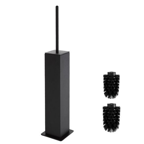 Toilet Brush and Holder Floor Standing, Black with 2 Replaceable Heads, Bathroom Toilet Brush, Freestanding Toilet Bowl Brush with Removable Liner and Splash Guard, Modern Square Design