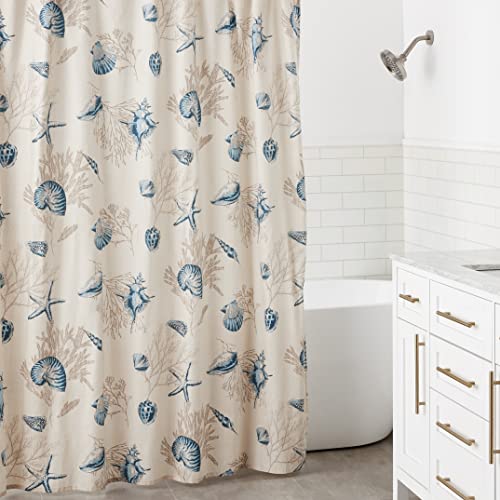 Bayside Print Cotton Fabric Long Shower Curtain, Coastal Shower Curtains for Bathroom, 72 X 72, Blue