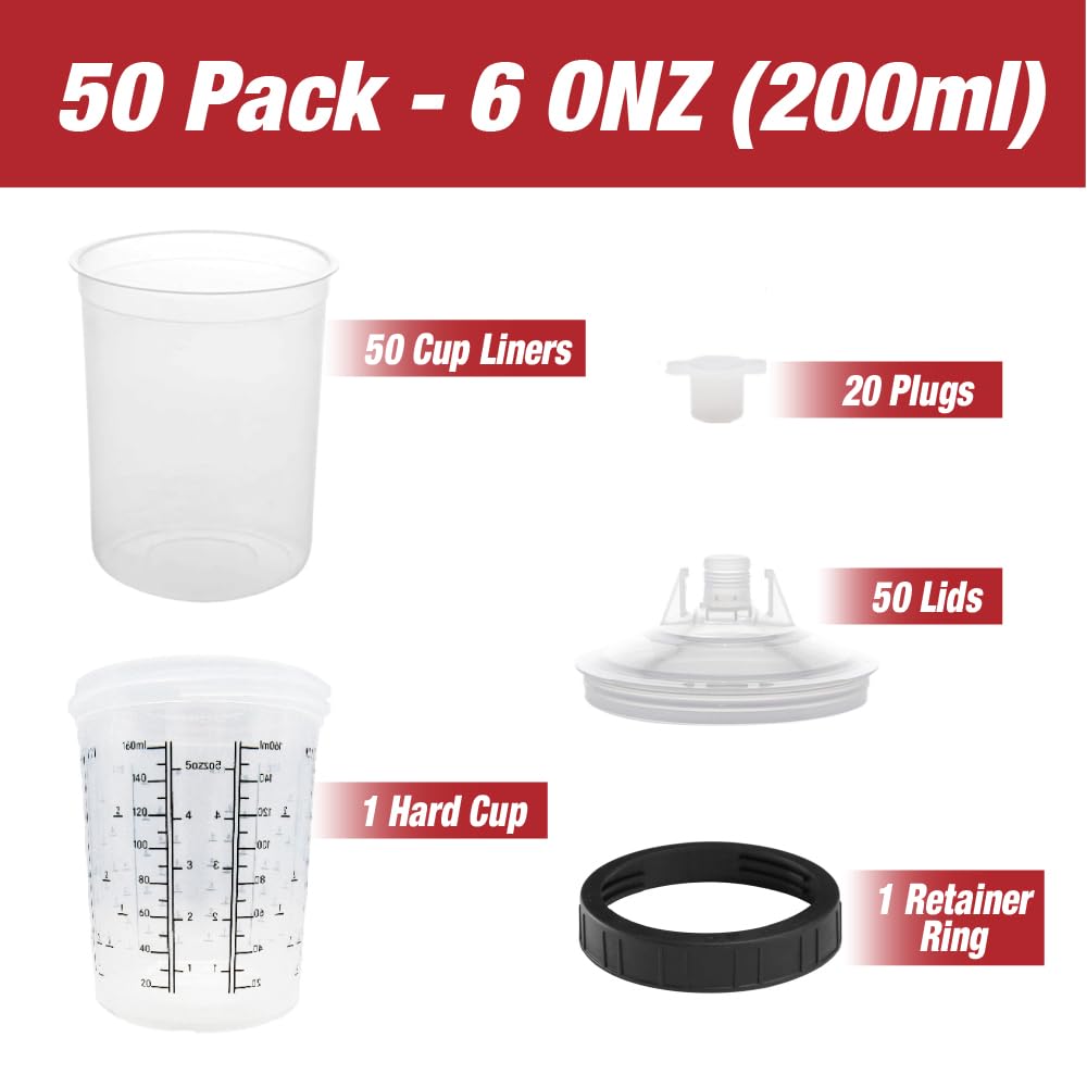 Disposable Paint Spray Gun Cup Liners and Lid System, 50 Pack Mini Size 6 Ounce (200ml) Kit - Paint Spray Gun Cups 50 Cup Liners, 50 Lids with Strainer, 1 Hard Cup with Retainer Ring and 20 Plugs