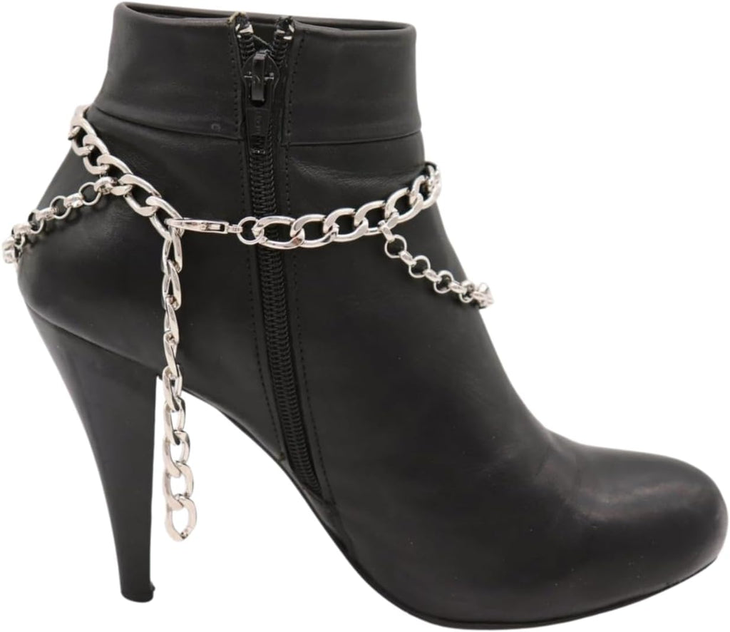 Skiennix Women's Silver Boot Chain Anklet Set - Adjustable Ethnic Coin & Turquoise Beads | 11-15 in Curb Chain