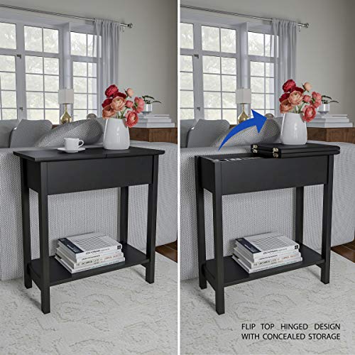 Lavish Home Flip Top End Table - Narrow End Table and Slim Console with Storage Compartment and Lower Shelf for Living Room, Hallway, Entryway and Small Spaces (Black)