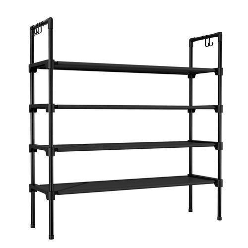 LANTEFUL 4 Tier Shoe Rack for Closet Shoe Organizer with 5 Hooks, Long Shoe Shelf Storage for Shoe and Boot Stackable Free Standing Shoe Rack for Entryway, Garage, Small Spaces, Dorm, Black