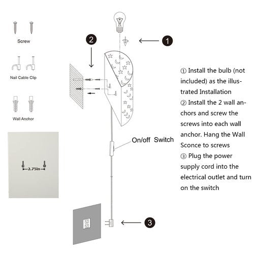Plug In Wall Sconce Stars and Moons Kids Wall Lamp, Nursery Baby Room Wall Light with 6FT Plug in Cord On/Off Switch, Ideal for Kids Rooms, Bedroom and Play Rooms, E26 Base, White(Exclude Bulb)