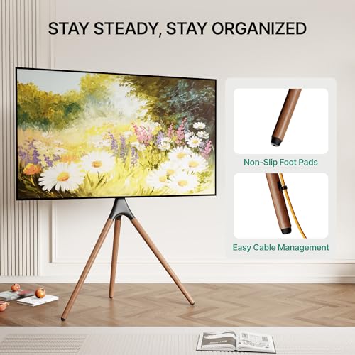 ECOTINY Artistic Easel TV Stand for 43-65 Inch TVs, 180° Swivel Tripod TV Stand up to 88 lbs, Floor TV Mount with Cable Management for Bedroom, Living Room and Corner, Max VESA 600 x 400mm