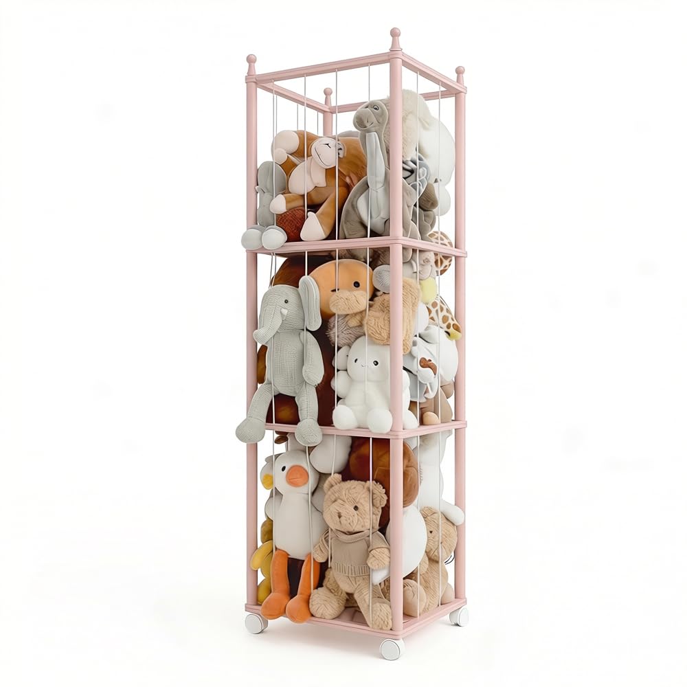 Wooden Stuffed Animal Storage Rack with Wheels, Wonder Space 54" Tall Toy Organizer for Kids Room, Water-Based Paint Finish, Safe & Eco-Friendly Plush Holder Shelf for Toddlers & Babies (Pink)