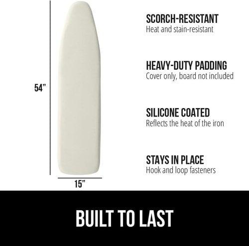 GORILLA GRIP The Original Ironing Board Cover and Pad, Silicone Coating, 400°F Scorch Resistant Thick Padding, Heavy Duty Iron Covers Standard Boards, Hook and Loop Fastener Strap, Linen 15x54