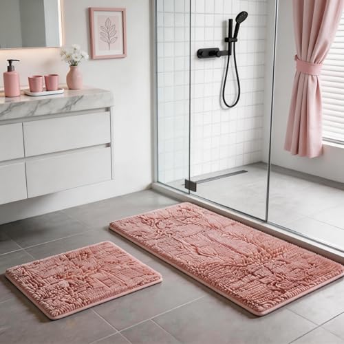 Pink Bathroom Rugs Chenille Bath Mat Set 2-Piece Bath Rugs for Bathroom Extra Soft Bath Mats for Bathoom Non Slip Absorbent Shag Bathoom Carpet