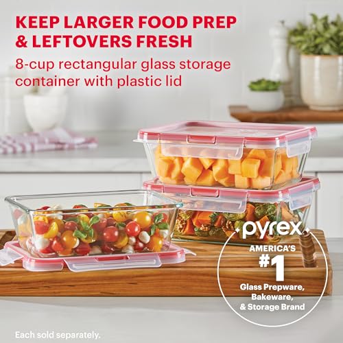 Pyrex Freshlock Glass Food Storage Container, Airtight & Leakproof Plastic Locking Lids, Freezer Dishwasher Microwave Safe, 8 Cup