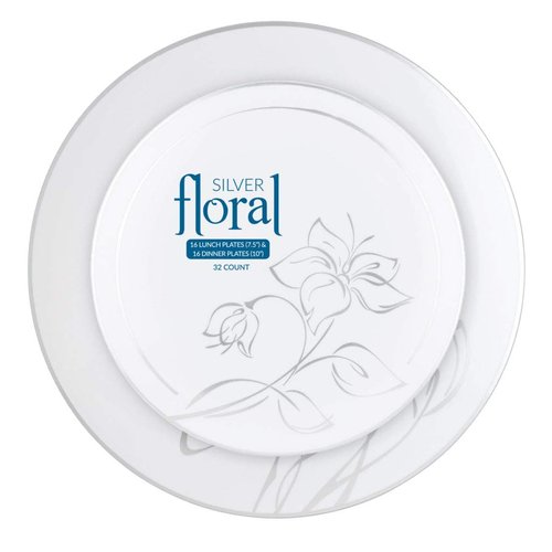 Silver Floral Lunch & Dinner Combo Plates (7.5" & 10", 32 Pieces) - Perfect for Upscale Events & Celebrations, Perfect for Mix & Match Dining