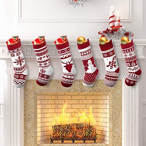 JOYIN 6 Pack Christmas Knit Stockings - Large Rustic Yarn Design with Snowflake & Reindeer | 18" Holiday Decor