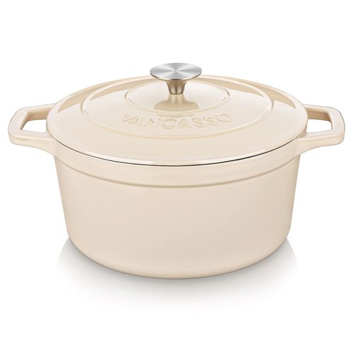 vancasso Cast Iron Dutch Oven, 6 QT Round Pot with Lid and Dual Handles, Non Stick Enamel Coating for Bread Baking, White