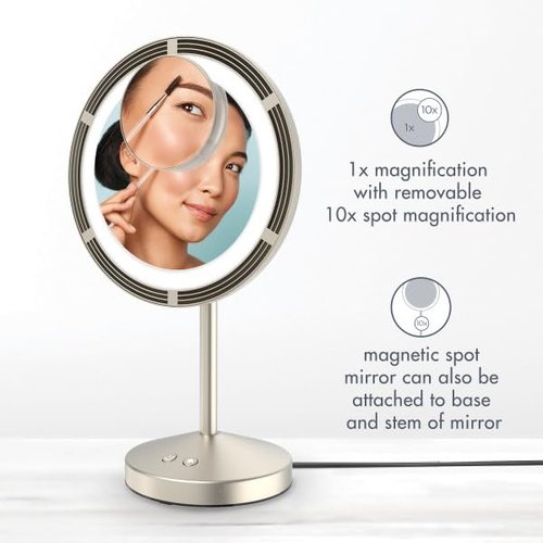 Conair LED-Lighted Fan Makeup Mirror with Spot Magnification, Vanity Mirror with Lights and Fan with 3 Settings, 6.3-Inch Viewing Area, Brushed Satin Nickel Finish