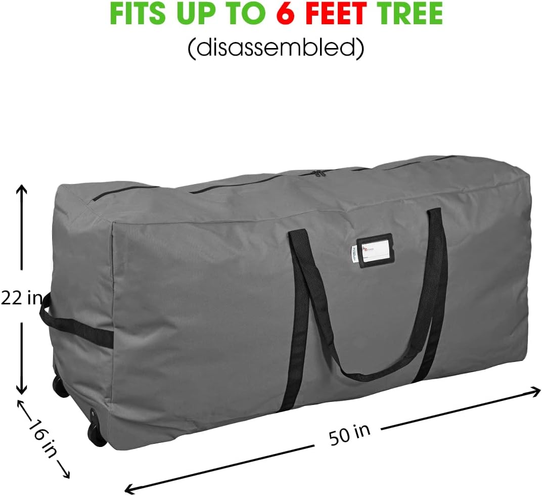 Primode Rolling Tree Storage Bag - Heavy Duty Container with Wheels | Fits Up to 7.5 Ft Disassembled Tree - Gray, 22" H x 16" W x 50" L