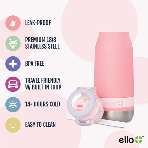 Ello Emma 14oz Vacuum Insulated Stainless Steel Kids Water Bottle with Straw and Built-in Carrying Handle and Leak-Proof Locking Lid for School Backpack, Lunchbox and Outdoor Sports, Sweetheart