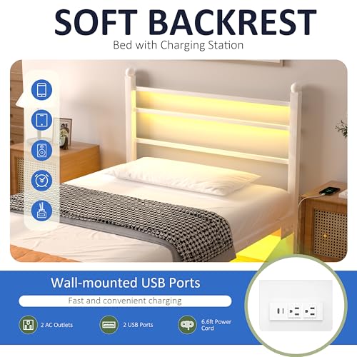 J.Fkne Twin Bed Frame with LED Lights & Charging Station, Metal Platform Bed with Headboard, Heavy Duty Metal Slats, No Box Spring Needed, Noise Free, Easy Assembly, White