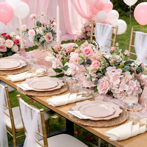 WDF 175Pcs Pink Plastic Plates - Pink and Gold Plates Disposable 25guest Plastic Dinnerware Ideal for Easter/Bridal Shower/Wedding/Baby Shower/Spring