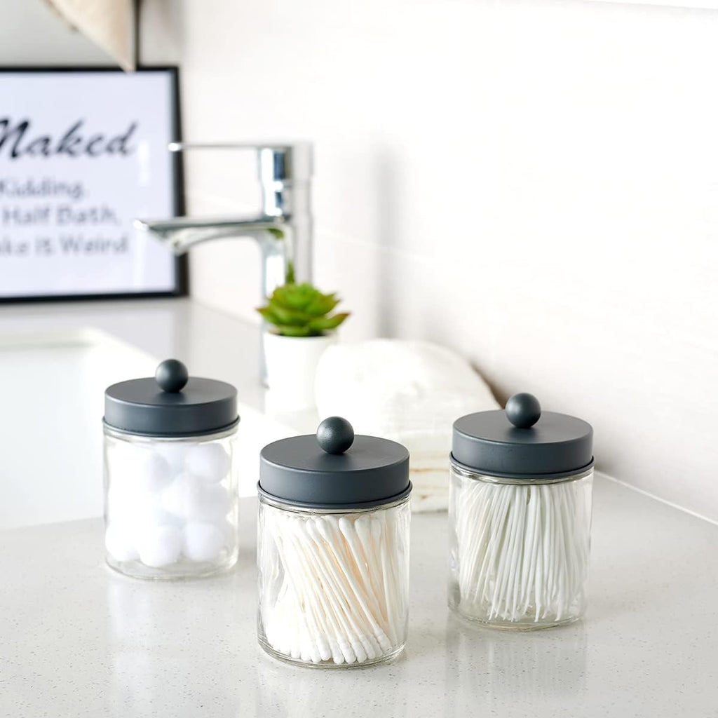 Amolliar Apothecary Jars - Stylish Bathroom Storage Organizer | Glass Canister with Lid for Q-Tips, Cotton Swabs & Makeup Accessories - Grey (2 Pack)