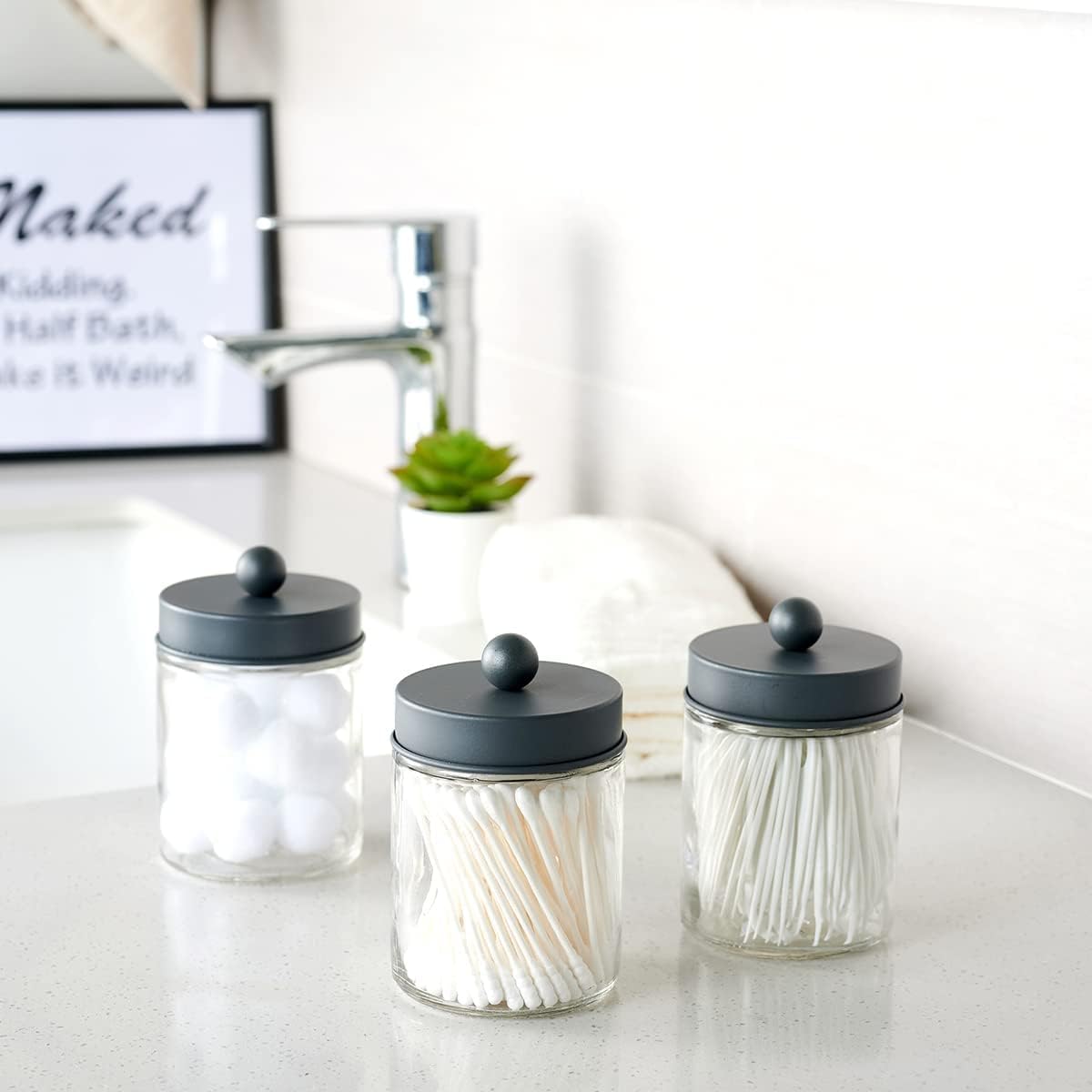 Amolliar Apothecary Jars - Stylish Bathroom Storage Organizer | Glass Canister with Lid for Q-Tips, Cotton Swabs & Makeup Accessories - Grey (2 Pack)