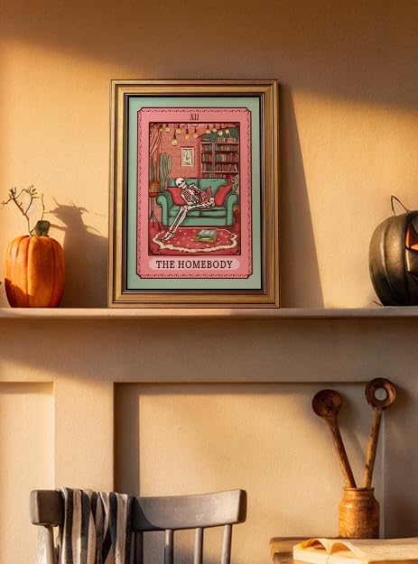 Regine Switzerland Vintage Spooky Cozy Home Scene Wall Art - 12x16 Halloween Skeleton Print | Retro Dark Humor Decor