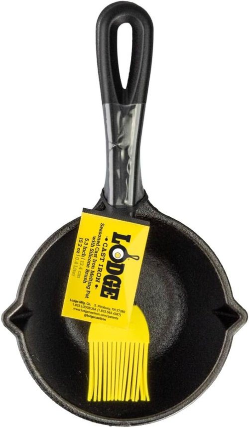 Lodge Cast Iron Melting Pot with Silicone Basting Brush - Exceptional Heat Retention - 15.2 Ounce - Black & Yellow