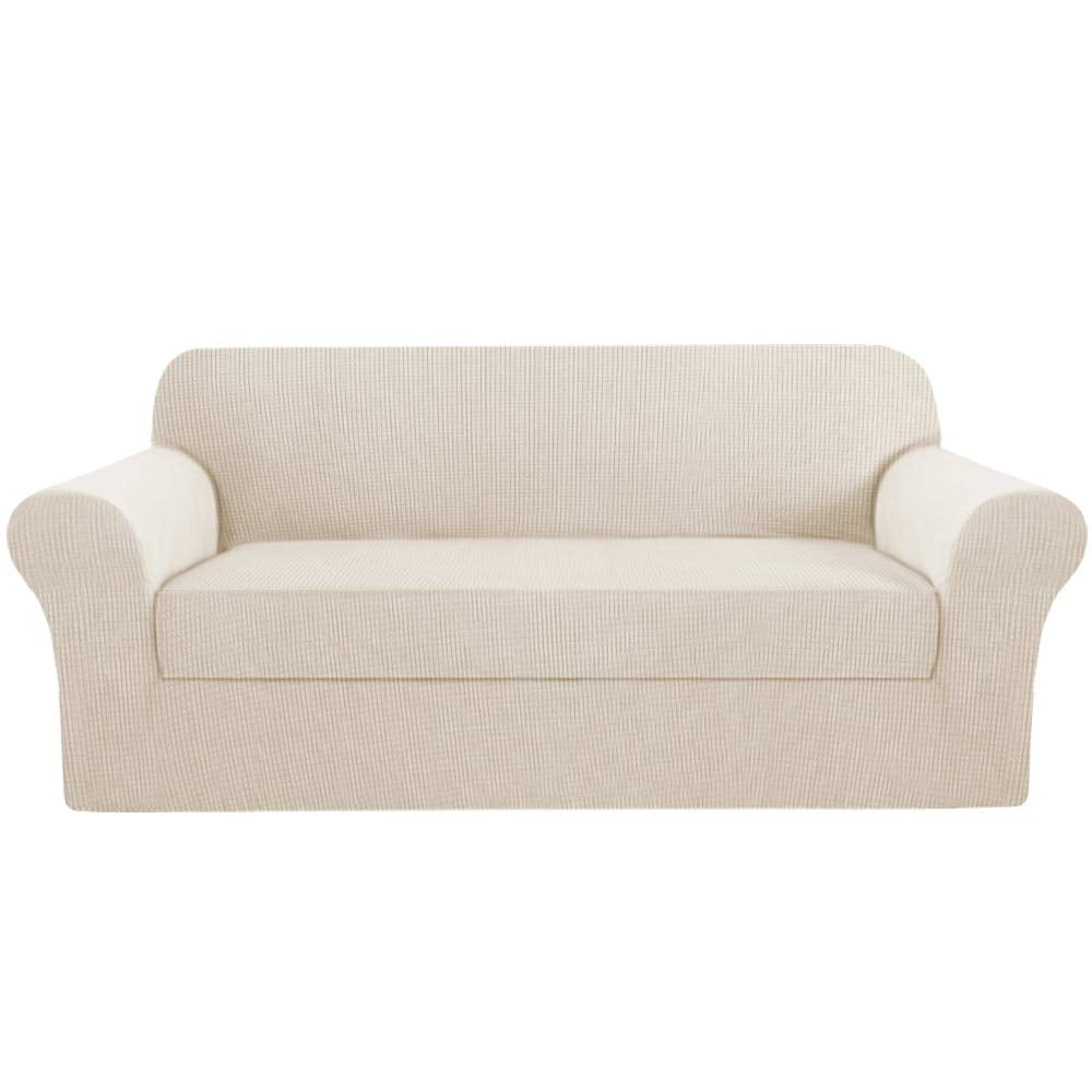 H.VERSAILTEX 2 Separate Pieces Stretch Couch Covers Sofa Cover Suit for T Cushion/Box Cushion High Spandex Jacquard Soft Couch Covers for 3 Cushion Couch, Sofa 72"-88" (Sofa, Ivory)