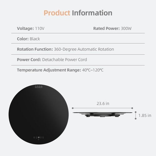 Electric Circle Warming Tray，Auto-Turntable 360°Rotation, Food Warmer for House Parties, Chafing Dishes for buffet,9 Temp Settings, Heating Food 24in