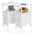 VIMBER 2 Set Narrow Side Table for Small Spaces, Skinny End Table with Charging Station, Sofa Beside Table with 2 Drawers 1 Open Compartment, Slim Nightstand with USB Ports Outlet, White UTBT005W2V2