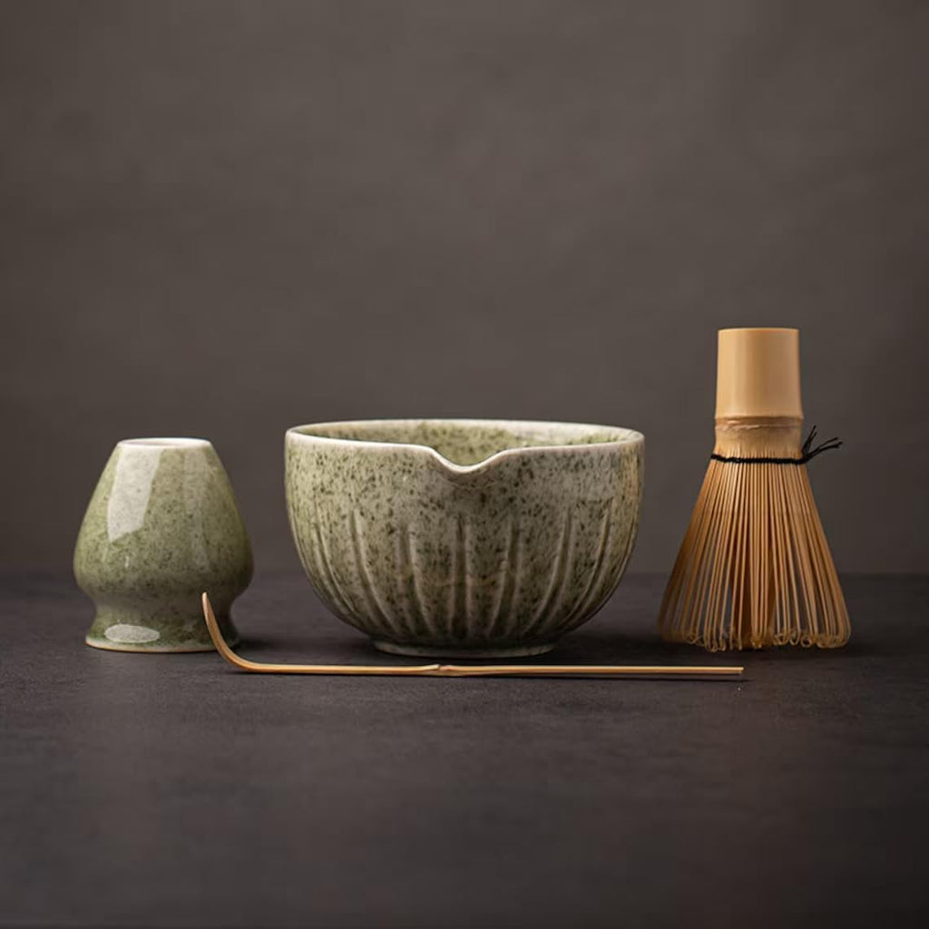 TANG PIN Matcha Set - 4pc Matcha Bowl, Whisk, Scoop & Stand | 15 OZ Mottled Green Tea Ceremony Kit