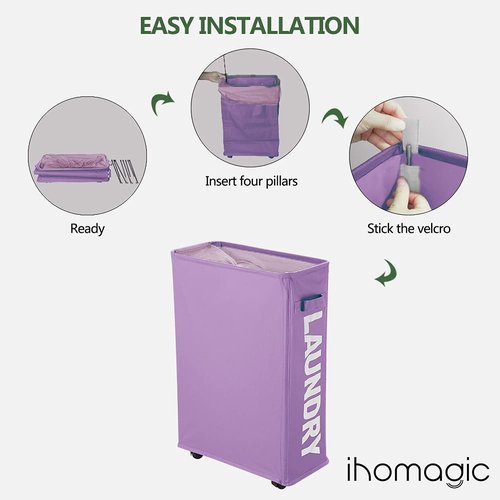 IHOMAGIC 40L Laundry Hamper Collapsible Fabric for Hotel, Freestanding Flexible Laundry Sorter on Wheels - Slim Storage Bag, Decorative Laundry Baskets for Books, Sundries Storage (Purple)