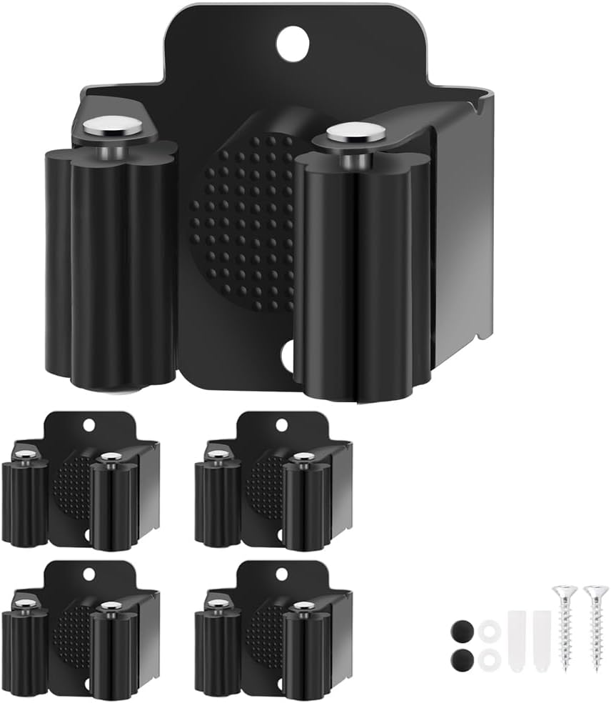 Skiennix Broom Holder Wall Mount - Heavy-Duty Stainless Steel Mop Hanger | 4PCS Garden Tool Organizer (Black)