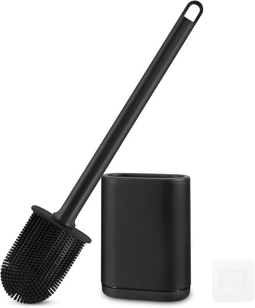 GAXMNS Silicone Toilet Brush and Holder Bendable Efficient Cleaning Wall Mounted Toilet Bowl Brush with Long Handle Brush Head and Silicone Bristles No Rusty Handles Problem (Black)