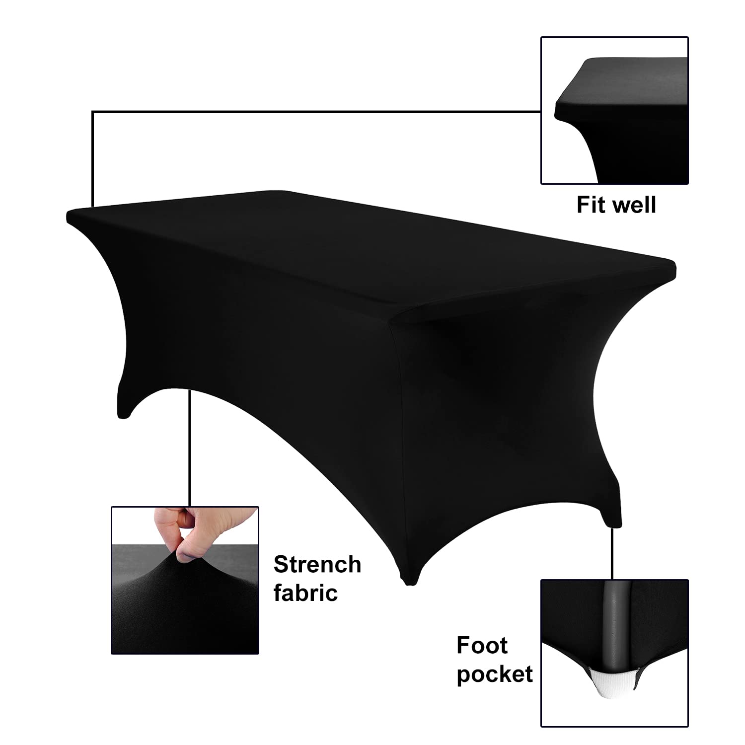 eccwai 4Pack Spandex Waterproof Table Covers 8ft，Spandex 8ft Waterproof Table Cover for Party,Wedding, Banquet, and Events(Black)