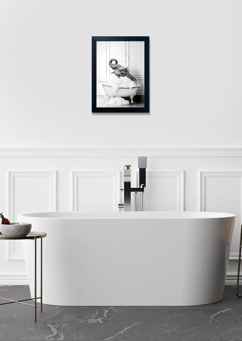 Regine Switzerland Framed Bathroom Decor - Funny Elephant in Bathtub Canvas Art | Black and White Wall Print