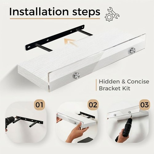 3 Pack Wooden Floating Shelves for Wall with Acrylic Front Lip, 15.7 IN Wall Mounted Rustic Style Shelves for Bathroom, Bedroom, Living Room, Kitchen, Hanging Shelves, White