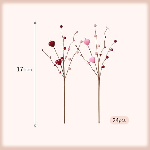 idyllic 17 Inch 24 Pcs Valentine's Day Pink Red Heart Berry Branch Decoration, Artificial Stem Picks for Indoor Mantel Cabinet Table Valentine Wedding Anniversary Dinner Home Decor
