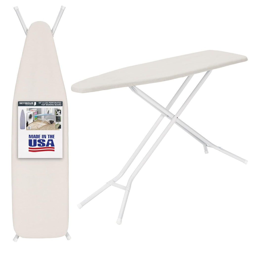 Full Size Ironing Board Made in USA – Beige by Seymour Home Products 4 Heavy-Duty Steel Legs Perforated Top for Steam Includes Cover & Pad Sturdy, Foldable Iron Board for Home & Laundry