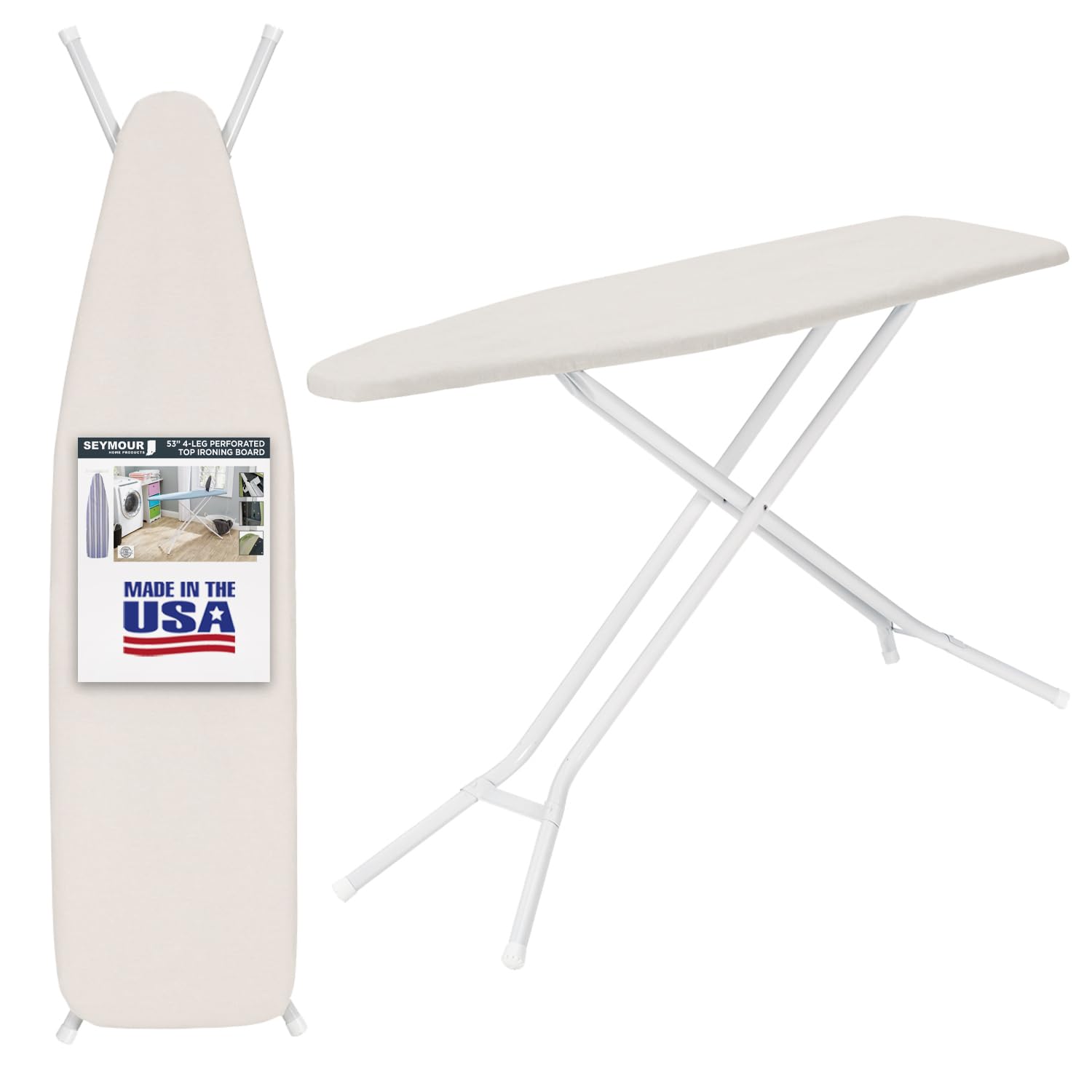 Full Size Ironing Board Made in USA – Beige by Seymour Home Products 4 Heavy-Duty Steel Legs Perforated Top for Steam Includes Cover & Pad Sturdy, Foldable Iron Board for Home & Laundry