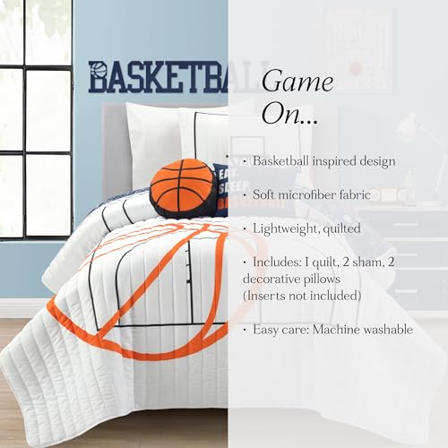 Lush Decor Basketball Game Reversible Quilt Twin Size 4 Piece Set, White & Navy - Kids Bedding Set - Twin Size Quilt - Sports Décor