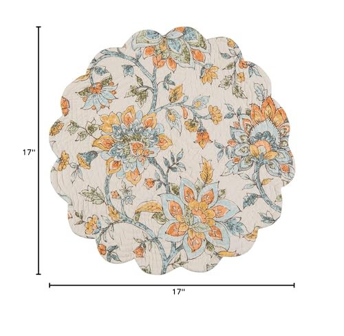 C&F Home Ainsley Placemats Set of 6 Jacobean Floral Reversible Stripes Round Cotton Machine Washable Dining Kitchen Tabletop Home Decor Decoration 17" Tan