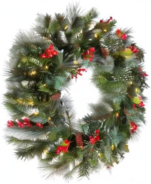 National Tree Company 24-Inch Pre-Lit Wintry Pine Flocked Christmas Wreath - 50 LED Lights, Pinecones & Berries