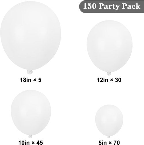 APLANET White Latex Balloons - 150pcs in Various Sizes for Birthday, Wedding, and Baby Shower Decor