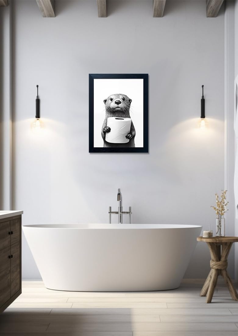 Raccoon Art | Funny Black and White Bathroom Wall Decor | Framed Animal Painting