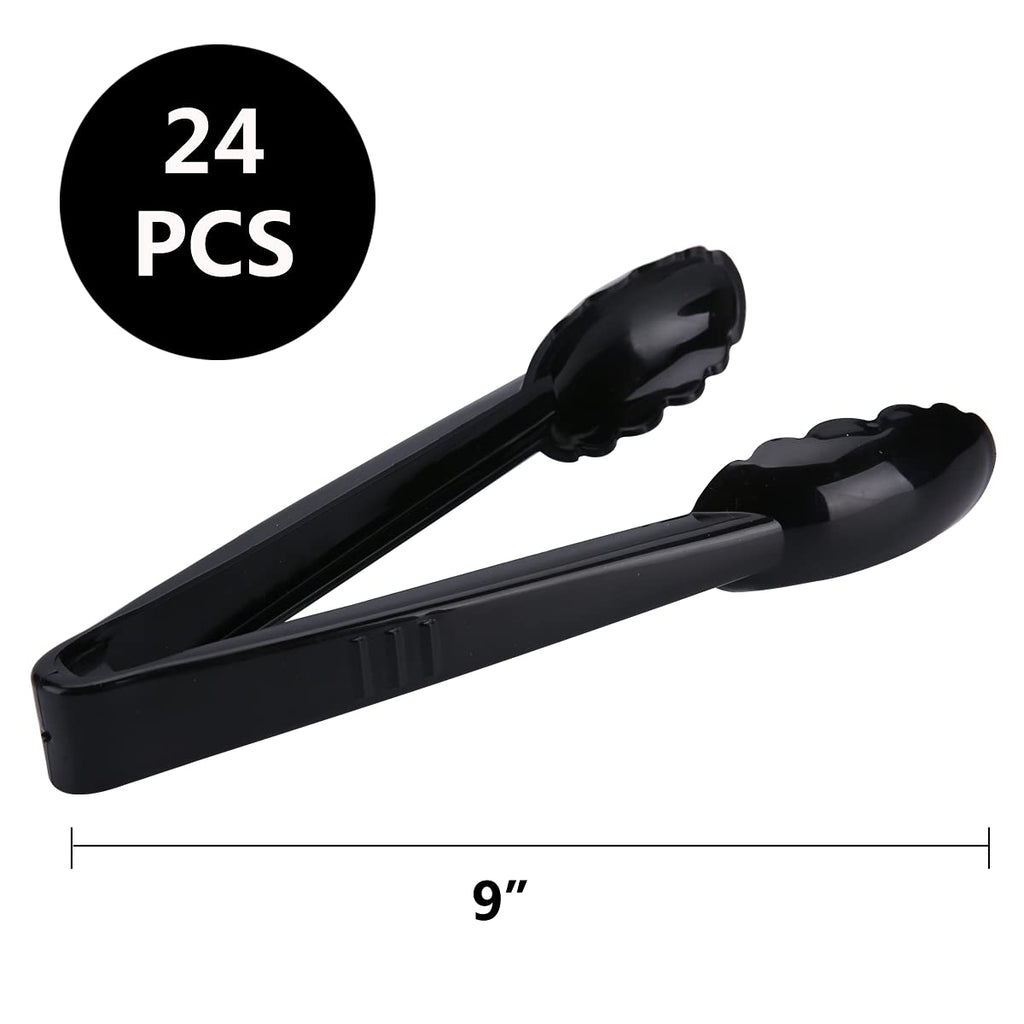 ICHROSAYA 24 Pieces Plastic Serving Tongs, Scalloped Grip Disposable Salad Tongs, 9" Heavy-Duty Serving Utensils, BPA-Free, Perfect for Buffets, BBQ, Parties & Catering Ice Food, Black
