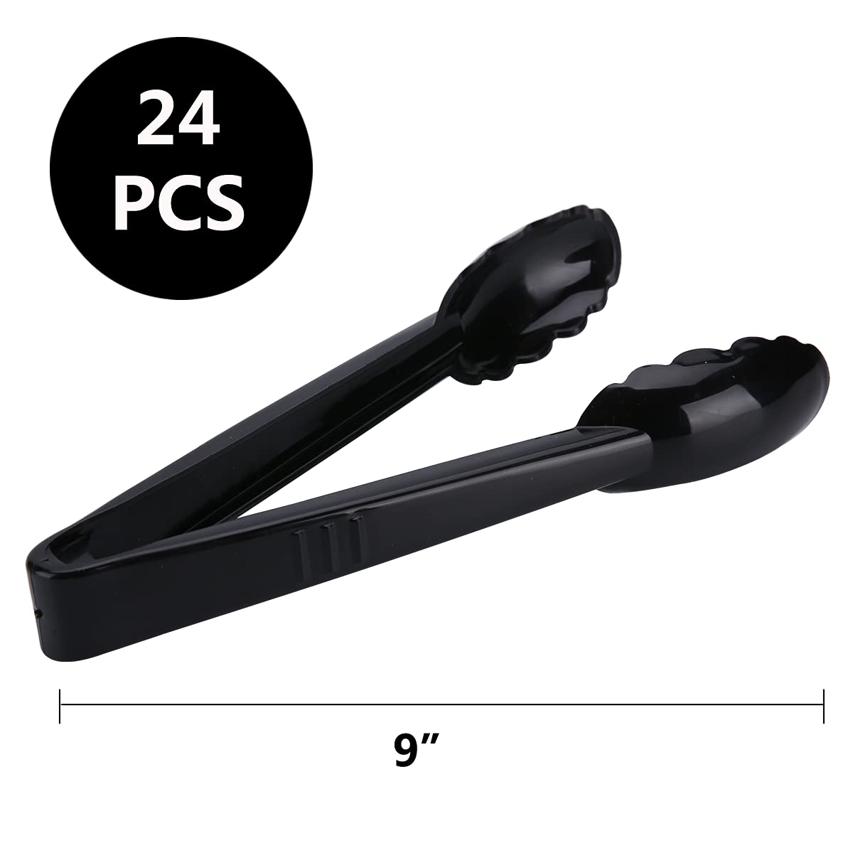 ICHROSAYA 24 Pieces Plastic Serving Tongs, Scalloped Grip Disposable Salad Tongs, 9" Heavy-Duty Serving Utensils, BPA-Free, Perfect for Buffets, BBQ, Parties & Catering Ice Food, Black