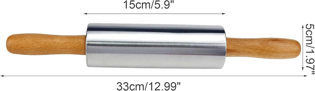 Stainless Steel Rolling Pin - 13-Inch Dough Roller with Wooden Handle for Baking & Pastry